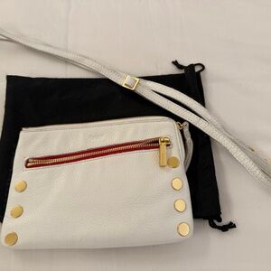 Hammitt White Leather Crossbody with Gold Studs and Red Zip